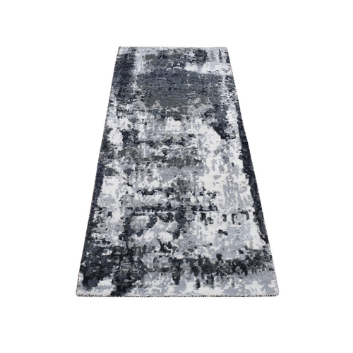 Olive Black, Hi-Low Pile, Abstract Design, Wool and Silk, Hand Knotted, Runner Oriental Rug