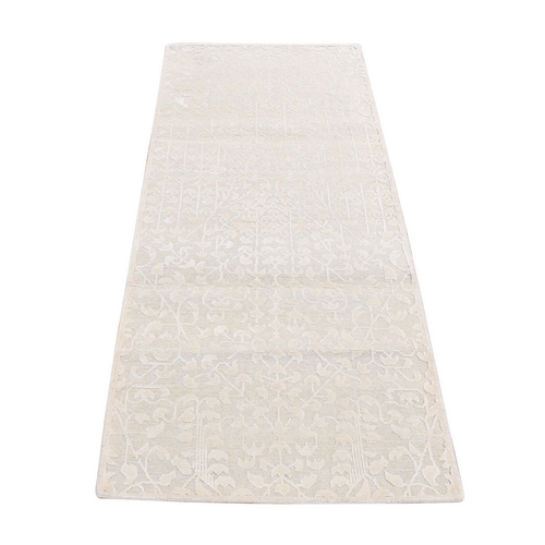 Ivory, Hand Knotted, Tone on Tone, Pure Silk with Textured Wool, Runner Oriental 