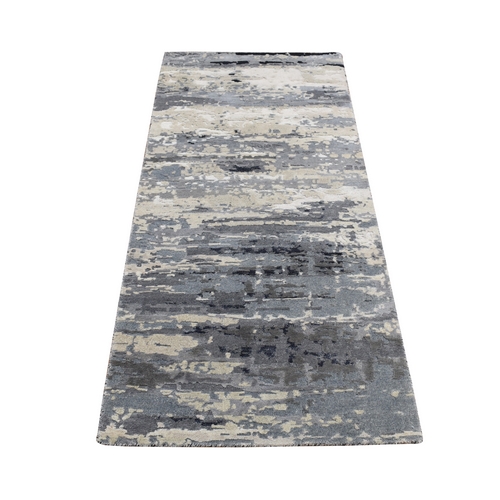 Carbon Gray, Hi-Low Pile, Galaxy Design, Wool and Silk, Hand Knotted, Runner Oriental 