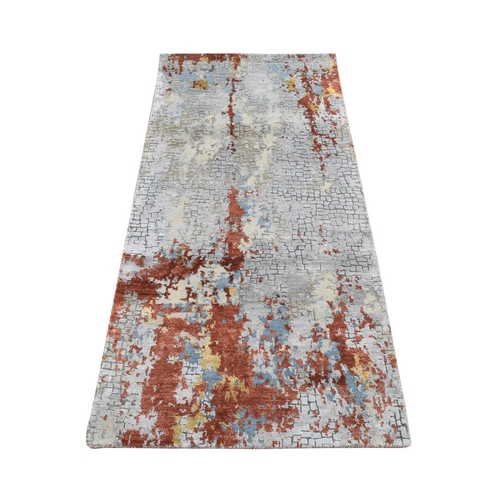 Goose Gray, Wool and Silk, Abstract with Fire Mosaic Design, Hand Knotted, Runner Oriental Rug