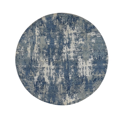 Prussian Blue, Oceanic Abstract Design, Wool and Pure Silk, Hand Knotted, Round Oriental 