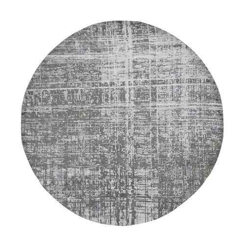 Carbon Gray, Wool and Silk, Abstract Criss Cross Design, Hand Knotted, Round Oriental 