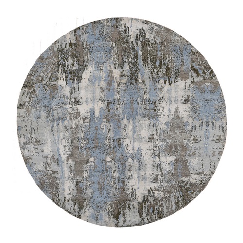 Beau Blue, Abstract Design, Wool and Pure Silk, Hand Knotted, Round Oriental 