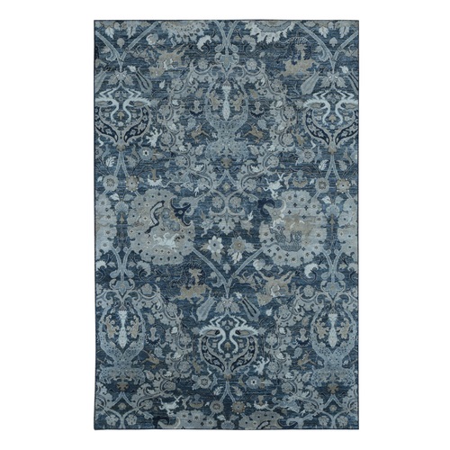 Arsenic Gray, Hand Knotted, Pure Silk, Intricate Blossom and Hunting Scene Design, Oriental Rug
