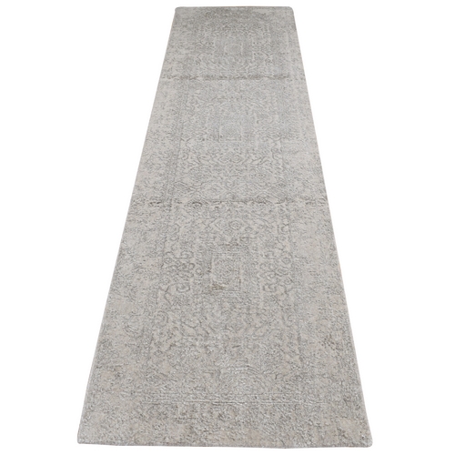 Parchment White, Wool and Plant Based Silk, Fine Jacquard Hand Loomed with Erased Design, Runner Oriental Rug