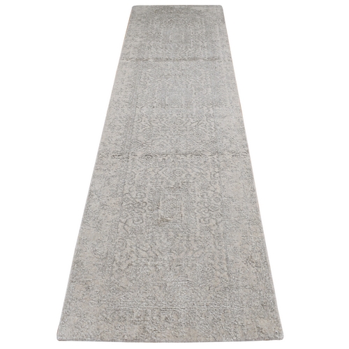 Smoke Gray, Fine Jacquard with Erased Design, Hand Loomed, Tone on Tone Light Colours, Wool and Plant Based Silk, Oriental Runner Rug