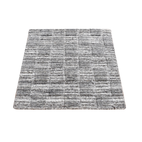 Dim Gray, Hand Loomed, Modern Checkers Design, 100% Wool, Sample Fragment, Square, Oriental Rug