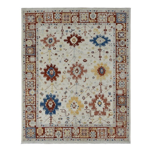 Parchment White, Peshawar with Large Elements Mahal Design, Hand Knotted, Pure Wool, Oriental 