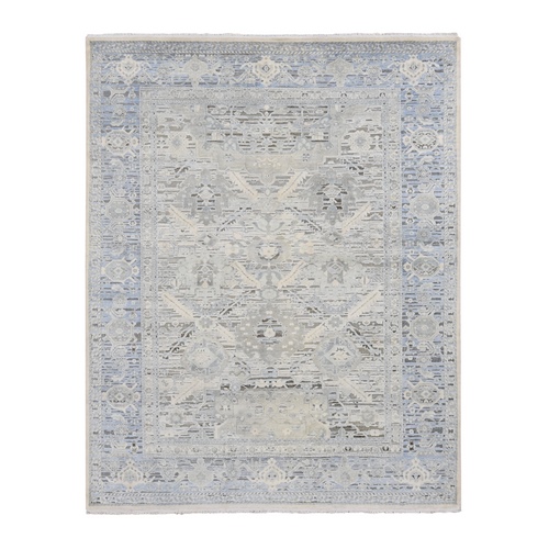 Beau Blue, Hand Knotted, Pure Silk and Textured Wool, Oushak with Geometric Motif, Oriental Rug
