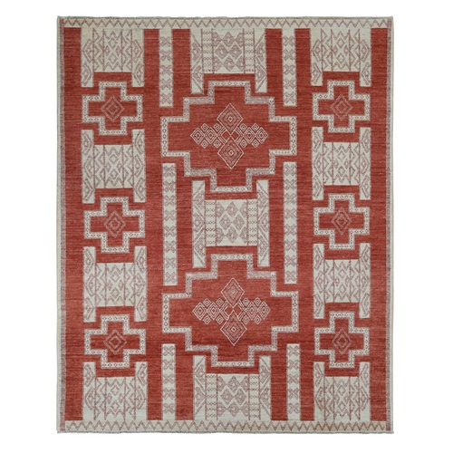 Fire Brick Red, Pure Wool, Hand Knotted, Peshawar with Intricate Geometric Motifs, Oriental 