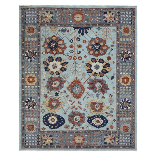 Sage Gray, Peshawar with Antiqued Sultanabad Large Flower Design, Hand Knotted, Soft Wool, Wide Border, Oriental 