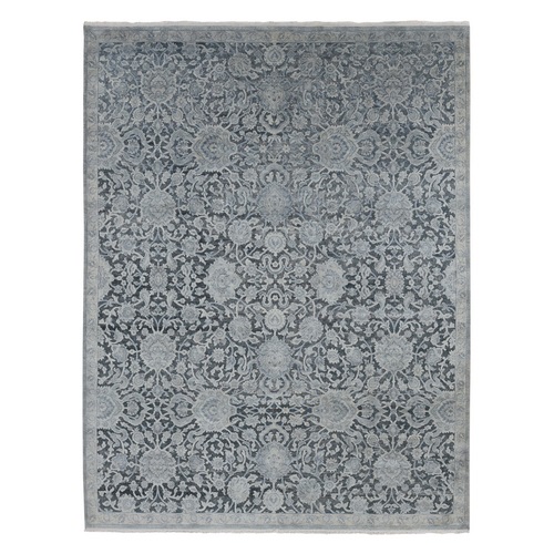 Ash Gray, Oushak Influence, All Over Design, Pure Silk with Textured Wool, Hand Knotted, Oriental Rug