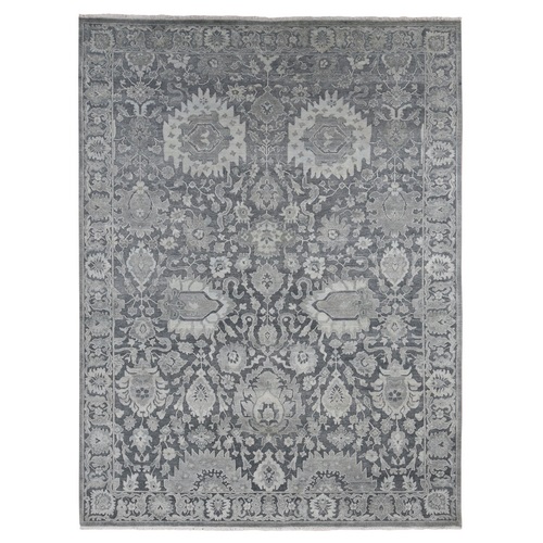 Medium Gray, Hand Knotted, Oushak Influence, Silk with Textured Wool, Oriental Rug