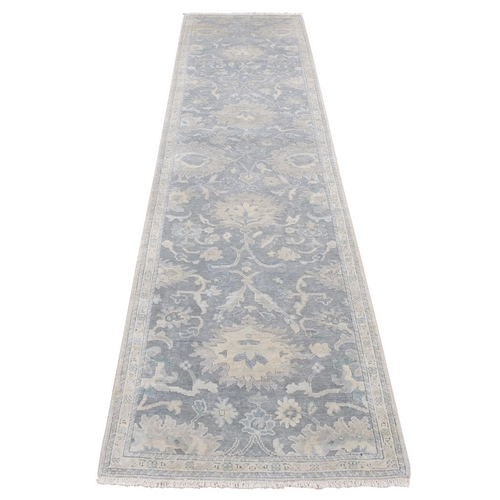 Ash Gray, Oushak Influence, Silk with Textured Wool,  Hand Knotted, Runner Oriental Rug