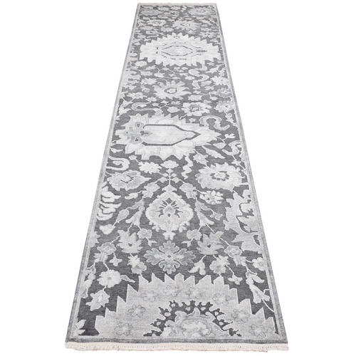 Nevada Gray, Hand Knotted, Oushak Influence, Silk with Textured Wool, Runner Oriental Rug