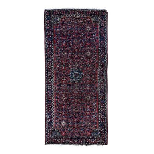 Prismatic Red, Vintage Persian Hamadan, All Over Fish Mahi Design with Center Flower, Some Wear, Clean, Pure Wool, Hand Knotted, Runner Oriental 