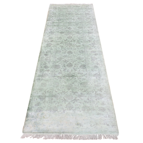 Gin Green, Pure Wool, All Over Tabriz Mahi Fish Design, Hand Knotted, Runner Oriental Rug