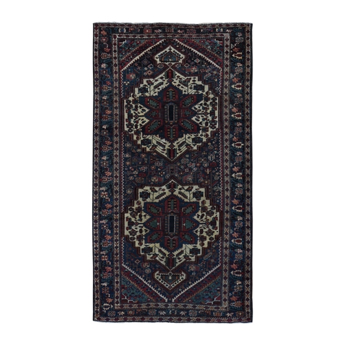 Prussian Blue, Vintage Persian Bakhtiari, Even Wear, Pure Wool, Hand Knotted, Wide Runner Oriental Rug
