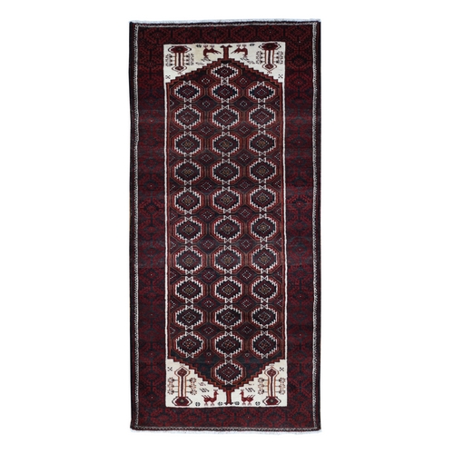 Vermilion Red, Vintage Persian Baluch, Repetitive Gul Motif with Peacocks Design, Pure Wool, Hand Knotted, Wide Runner Oriental Rug