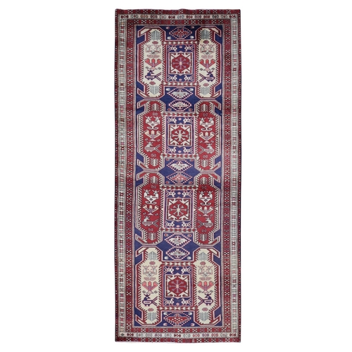 Independence Blue, Vintage Persian Northeast, Oblengated Geometric Motifs, Pure Wool, Hand Knotted, Wide Runner Oriental 