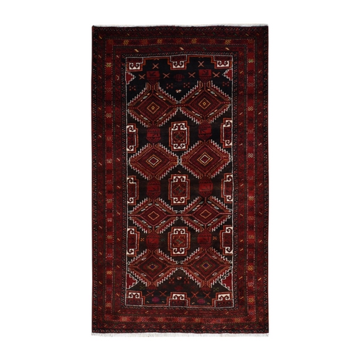 Dark Chocolate Brown, Vintage Persian Baluch, Serrated Repetitive Geometrical Medallion Design, Excellent Condition, Pure Wool, Hand Knotted, Oriental 