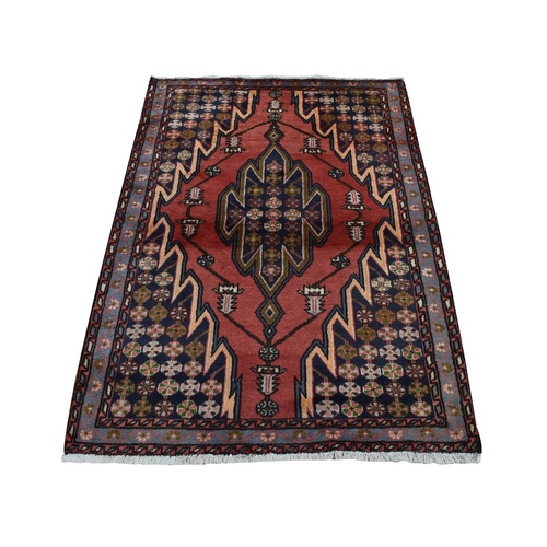 Cardinals Red, New Persian Mazlagan with Zig Zag Open Field Geometric Design, Pure Wool, Hand Knotted, Oriental Rug