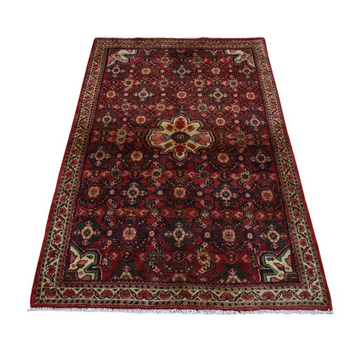 Maroon Red, Vintage Fish Mahi Herat Design with A Blossom Center, Clean, Hand Knotted, Pure Wool, Oriental 