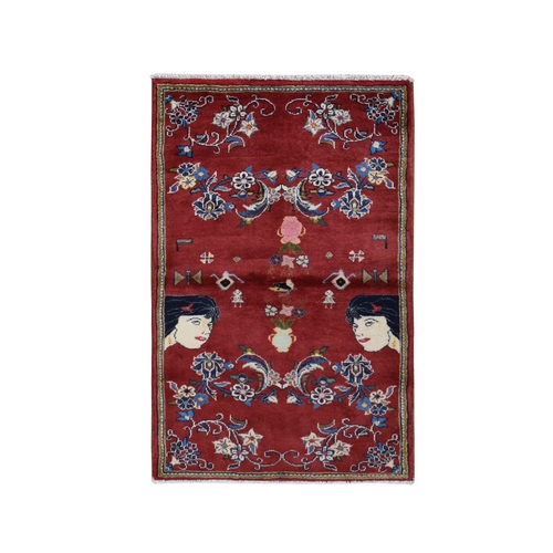Fire Brick Red, Persian Ardabil with Various Human Figurines, Pure Wool, Hand Knotted, Oriental 
