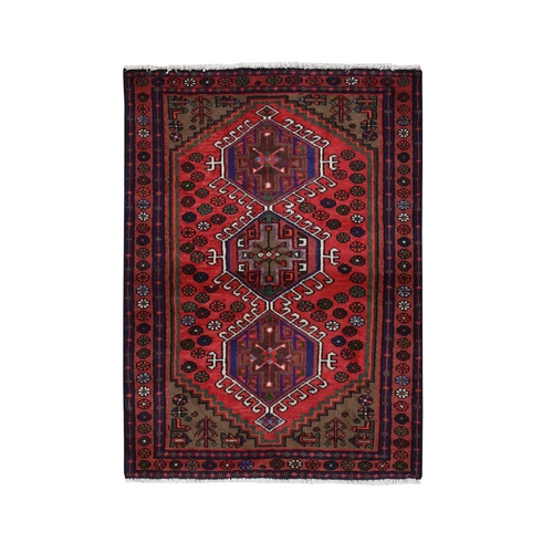 Imperial Red, New Persian Hamadan with Karajeh Design, Pure Wool, Hand Knotted, Oriental 