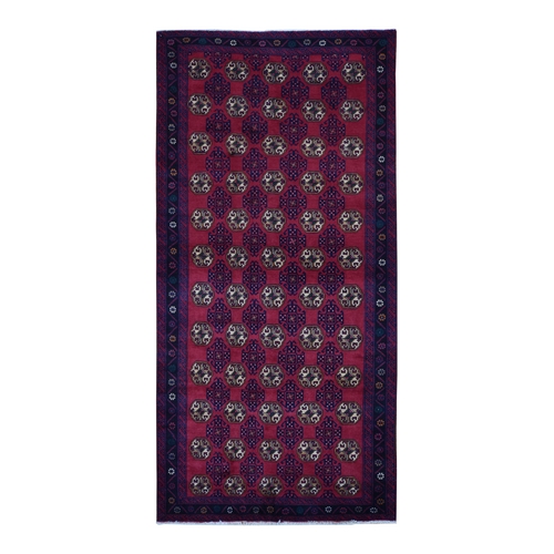 Burgundy Red, Vintage Persian Baluch, Repetitive Bokara Elephant Feet Geometric Design, Pure Wool, Hand Knotted, Wide Runner Oriental 