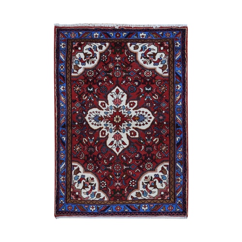 Fire Brick Red, New Bohemian Persian Hamadan, Flower Center Medallion Design, Pure Wool, Hand Knotted, Oriental Rug