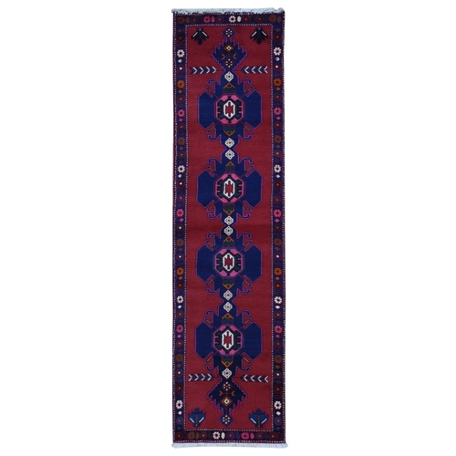 Alabama Crimson Red, New Persian Hamadan with Repetitive Medallion, Pure Wool, Open Field Design, Hand Knotted, Runner Oriental Rug