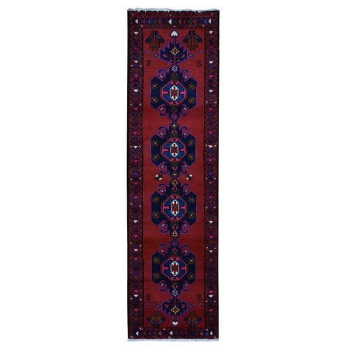 Alabama Crimson Red, New Bohemian Persian Hamadan with Repetitive Medallion, Pure Wool, Hand Knotted, Open Field Design, Runner Oriental 