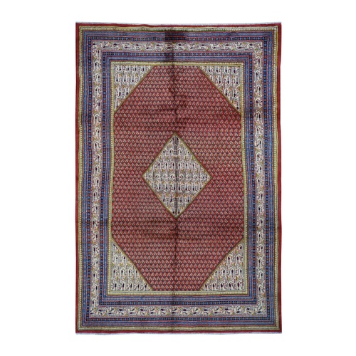 Tomato Red, New Persian Sarouk Mir, Full Pile, Pure Wool, Small Design, Hand Knotted, Oriental Rug