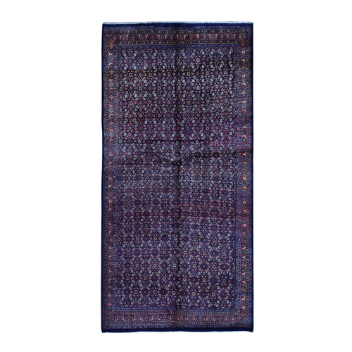 Sapphire Blue, Vintage Persian All Over Fish Design, Pure Wool, Hand Knotted, Gallery Size Runner Oriental 