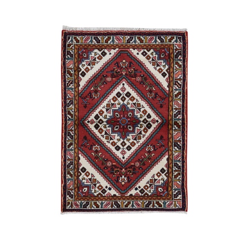 Salsa Red, New Persian Hamadan, Diamond and Flower Design, Pure Wool, Hand Knotted, Oriental Rug