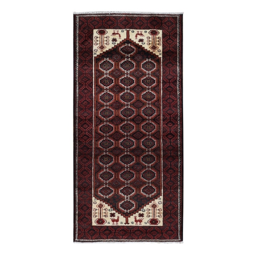 Maroon Red, Vintage Persian Baluch with Peacock Design, Pure Wool, Hand Knotted, Wide Runner Oriental Rug