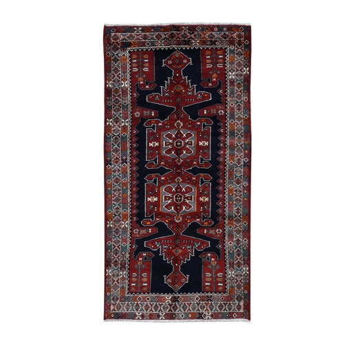 Millennium Blue, New Persian Hamadan with Large Geometric Elements, Pure Wool, Hand Knotted, Gallery Size Runner Oriental Rug