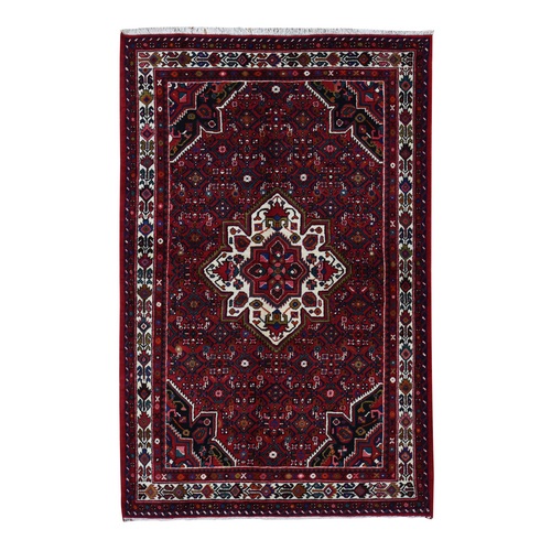 Vermilion Red, New Persian Hamadan, Geometric Flower Design, Pure Wool, Hand Knotted, Oriental Rug