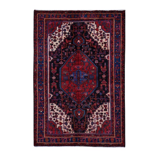 Carmine Red, Persian Nahavand with Medallion Design, Pure Wool, Hand Knotted, Full Pile, Oriental Rug
