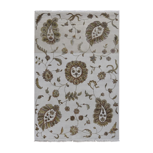 Timberwolf Gray, Open and Large Leaf and Flower Rajasthan Design, On Clearance, No Border, Wool and Silk, Hand Knotted, Oriental 