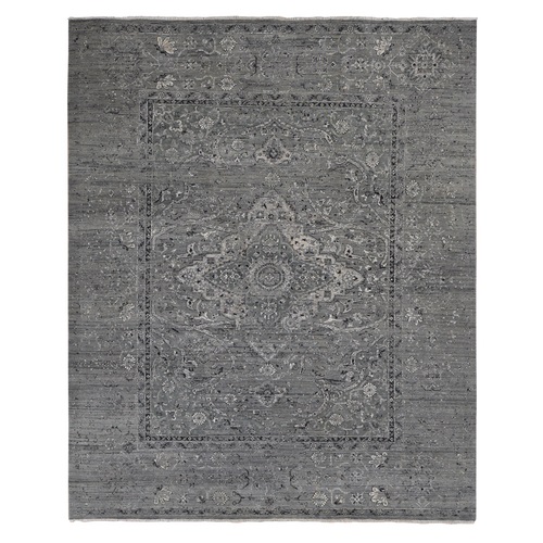 Carbon Gray, Silk with Textured Wool, Erased Broken Persian Design, Hand Knotted, Oriental Rug