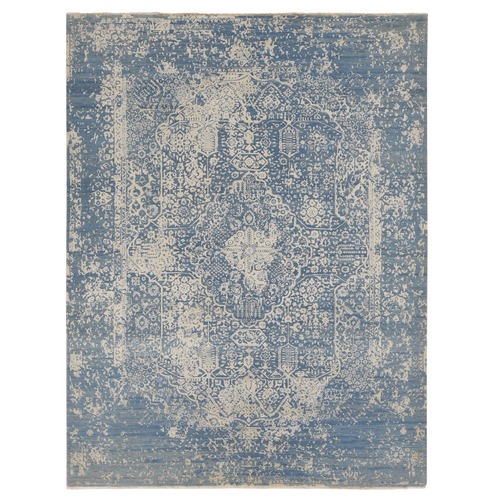 Steel Blue, Broken and Erased Persian Design, Wool and Pure Silk, Hand Knotted, Oriental Rug