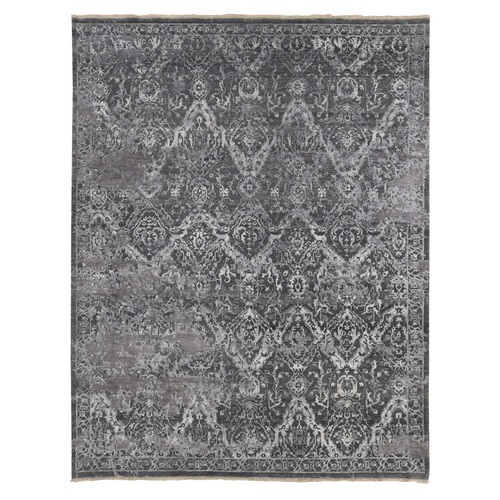 Jet Gray, Broken and Erased Persian Garden Design, Wool and Silk, Hand Knotted, Oriental Rug