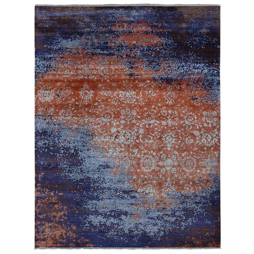 Prismatic Red, Wool and Silk, Modern Broken and Erased Rosette Colorful Galaxy Design, Hand Knotted, Oriental Rug