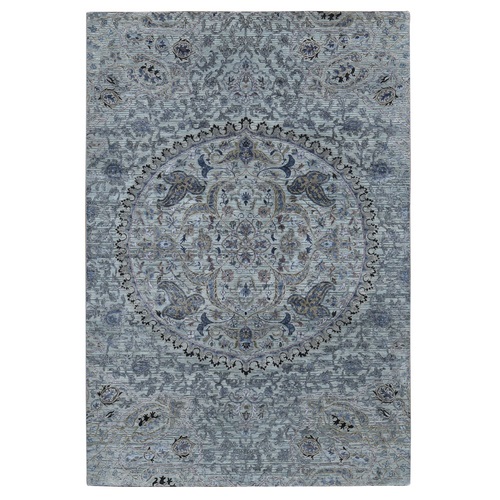 Battleship Gray, THE MAHARAJA, Pure Silk with Textured Wool, Hand Knotted, Oriental Rug
