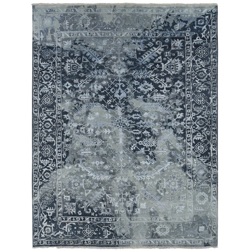 Arsenic Gray, Wool And Silk, Broken and Erased All Over Heriz Design, Hand Knotted, Oriental Rug