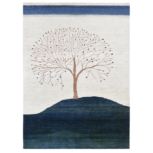 Ivory, Hand Knotted, Modern Folk Art Tree Design Gabbeh, Persian Wool, Oriental Rug