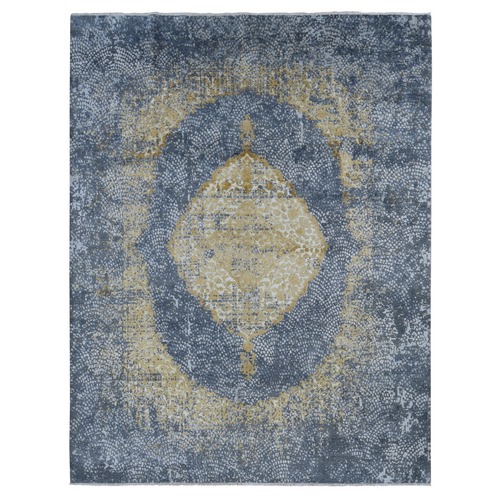 Carbon Gray with Gold, Persian Medallion Design, Wool and Pure Silk, Hand Knotted, Oriental Rug