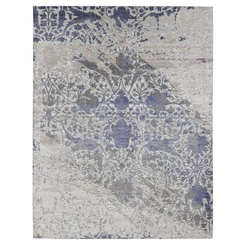 Ivory, Silk with Textured Wool, Broken and Erased Mughal Design, Hand Knotted, Oriental Rug